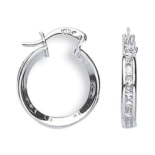 White Gold Gemstone Hoop Earrings 18mm Creole Hoops Princess Cut Zircon Hallmark