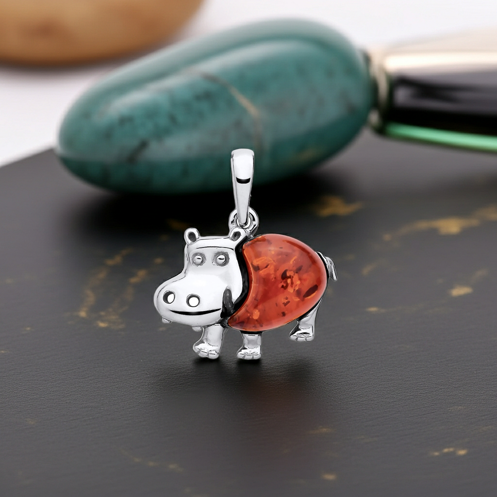 Natural Amber Hippo Pendant  Solid Sterling Silver 925 Stamp 18" Chain