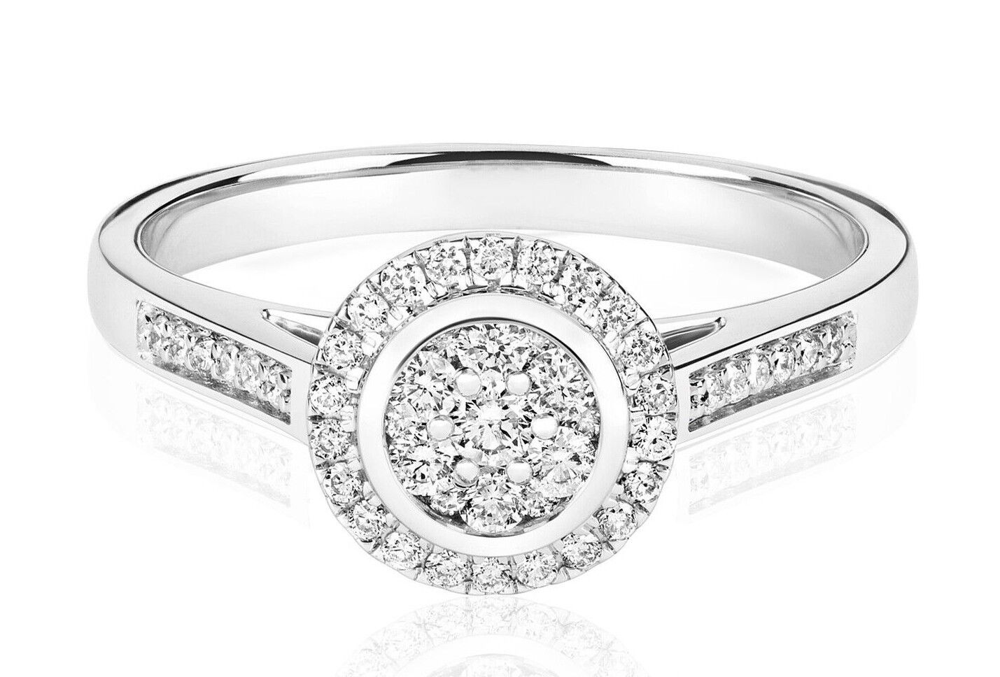 Real Diamond Halo Engagement Ring 9ct White Gold Round Cluster 0.33 Carat Weight