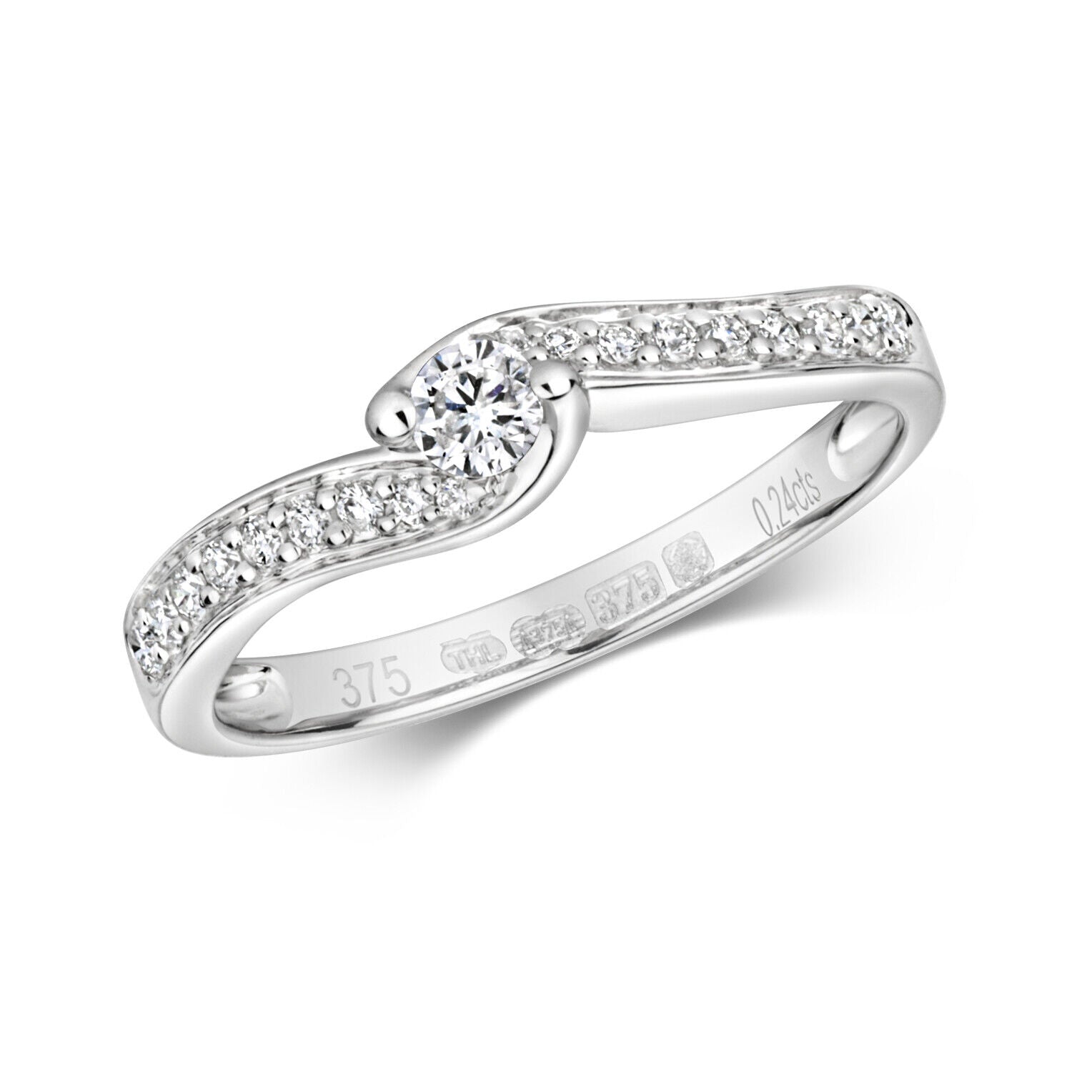 Real Diamond Twist Solitaire Ring 9ct White Gold Engagement Size J - Q