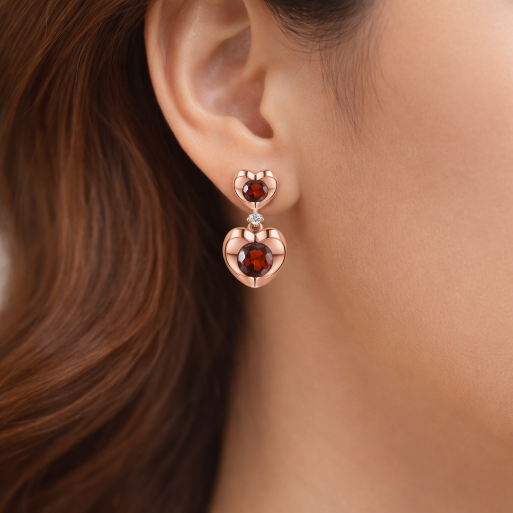 Garnet and Diamond Heart Earrings Solid 9ct Rose Gold Drop Hallmarked