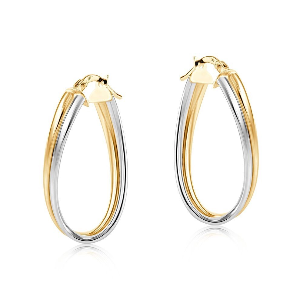 Two Colour Gold Oval Hoop Wavy Earrings 9ct Yellow and White Gold Hallmarked