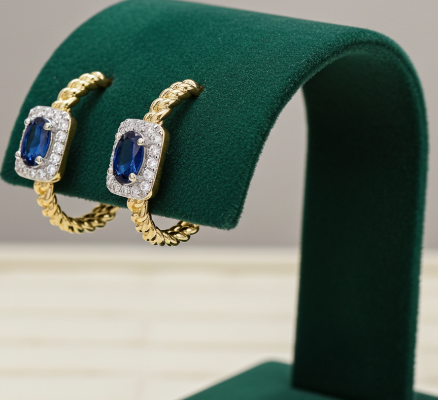 18ct Gold Sapphire Hoop Earrings on Solid Sterling Silver 925 Hallmark