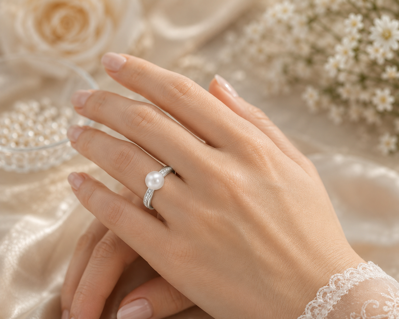 White Gold Freshwater Pearl & Diamond Accent Crossover Ring