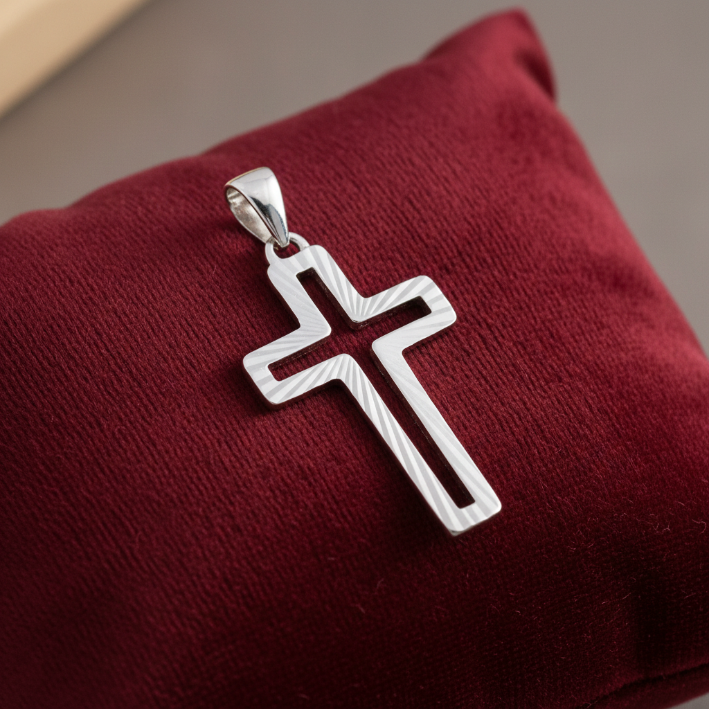 Sterling Silver Cross Pendant Diamond Cut Out 925 Hallmark 30mm Rhodium Finish