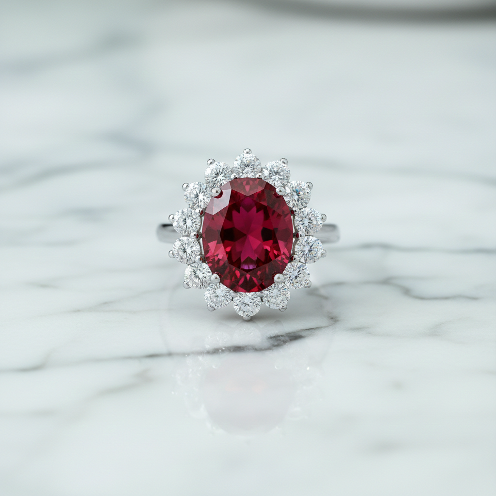 Sterling Silver Large Ruby Ring Cluster Engagement 925 Hallmark Size K-S
