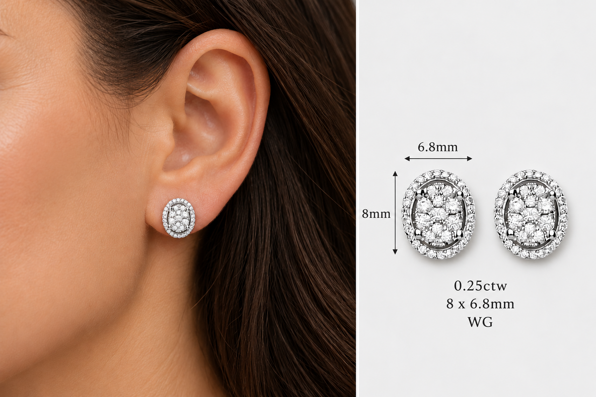 Diamond Oval Stud Earrings 18ct White Gold 8 x 6.8mm 0.25ctw Real Mined Diamonds