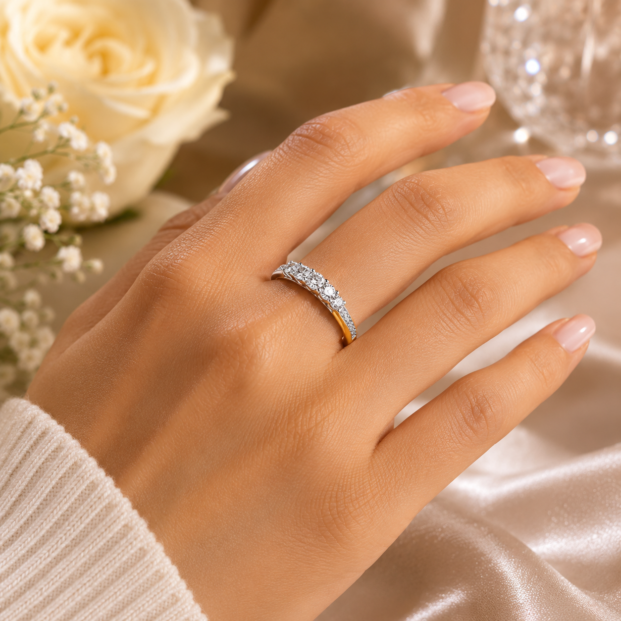 Elegant Five Stone Ring in 18ct Gold on Solid Sterling Silver with Pavé Accents