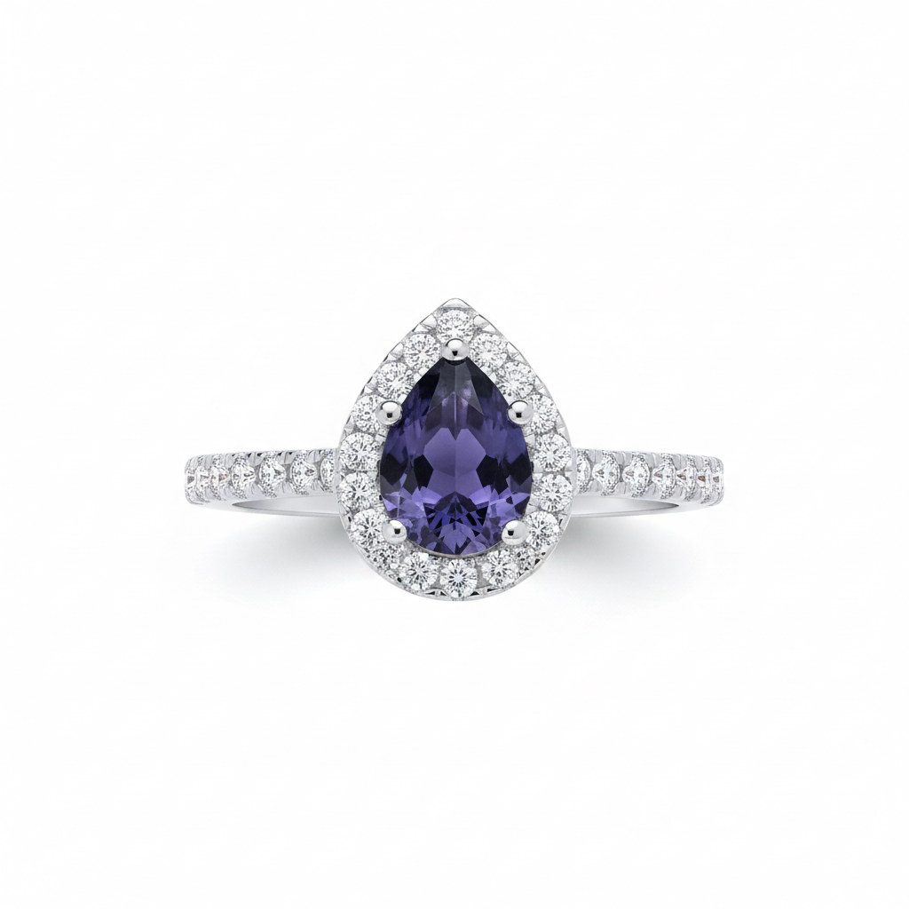 Sterling Silver Sapphire Ring Pear Halo Engagement 925 Hallmark Size K-S