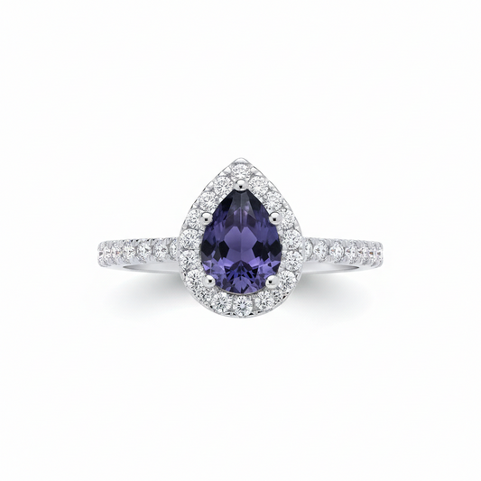 Sterling Silver Sapphire Ring Pear Halo Engagement 925 Hallmark Size K-S