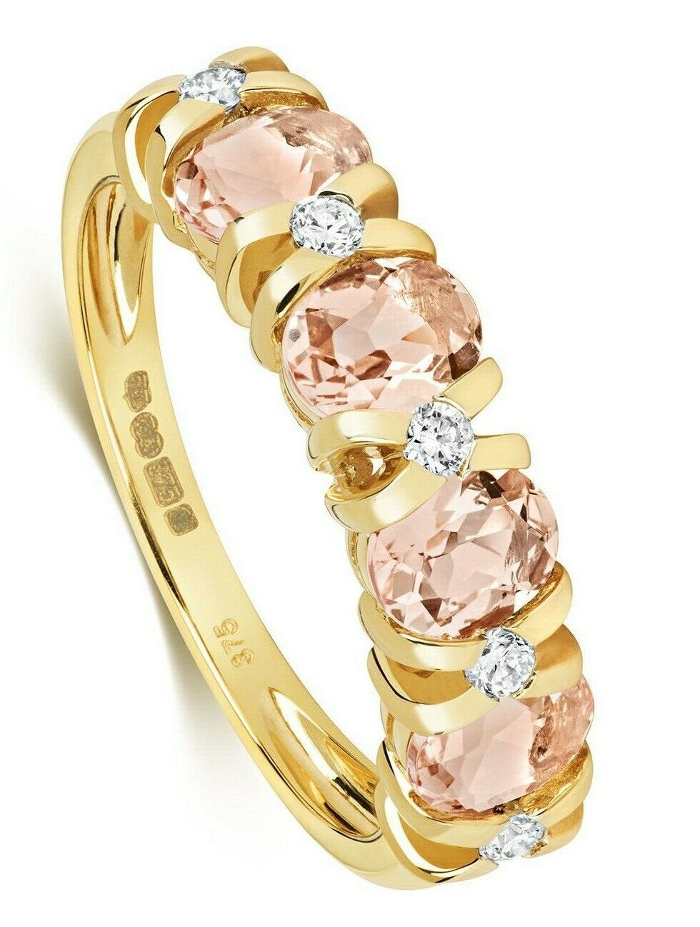 Real Morganite and Diamond Eternity Ring 9ct Yellow Gold Oval Stones Size J - Q