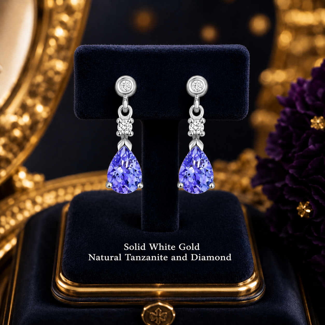 White Gold Tanzanite & Diamond Drop Earrings Pear Cut Teardrop Dangle Studs