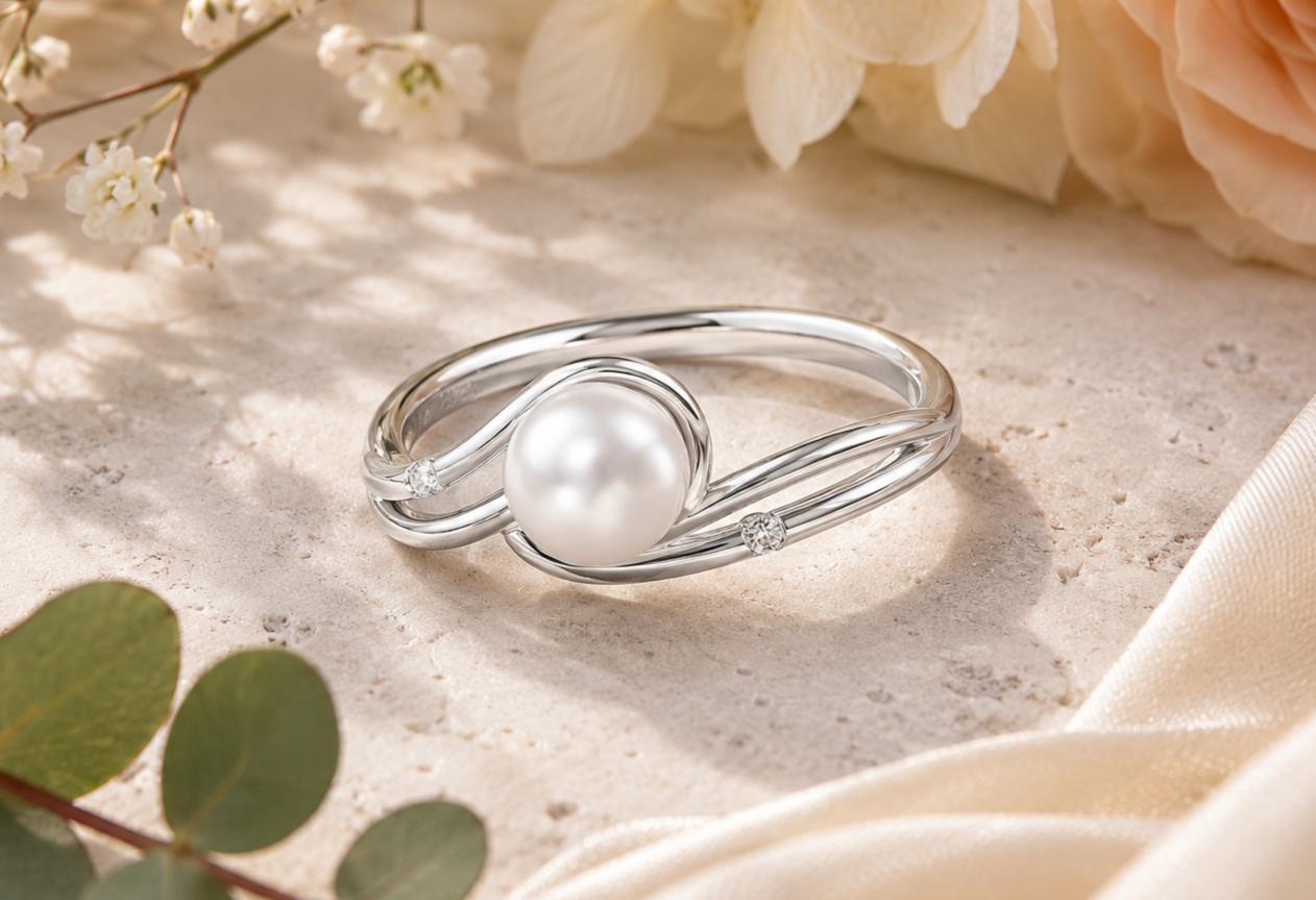 Elegant Freshwater Pearl & Diamond Accent White Gold Crossover Ring