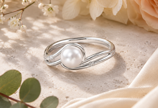Elegant Freshwater Pearl & Diamond Accent White Gold Crossover Ring