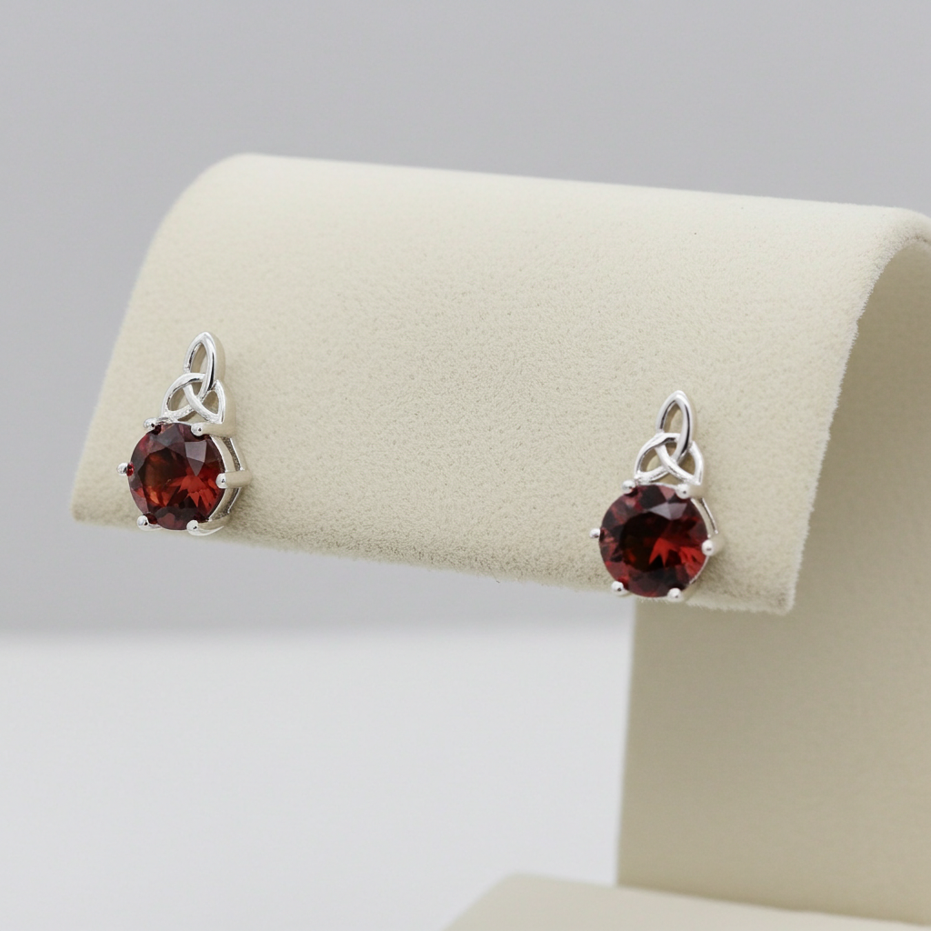 Ruby Celtic Stud Earrings Solid Sterling Silver 925 Hallmark Rhodium Finish