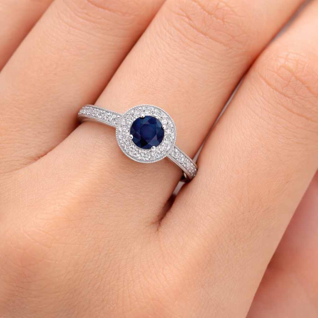 Sapphire and Diamond Ring 9ct White Gold Round Cluster Halo Engagement