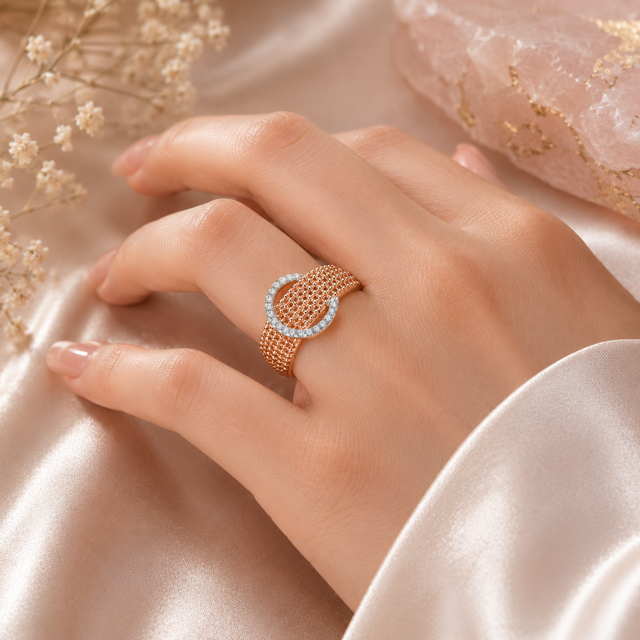 Rose Gold Buckle Ring Pavé Halo Gemstones on Solid Sterling Silver 925