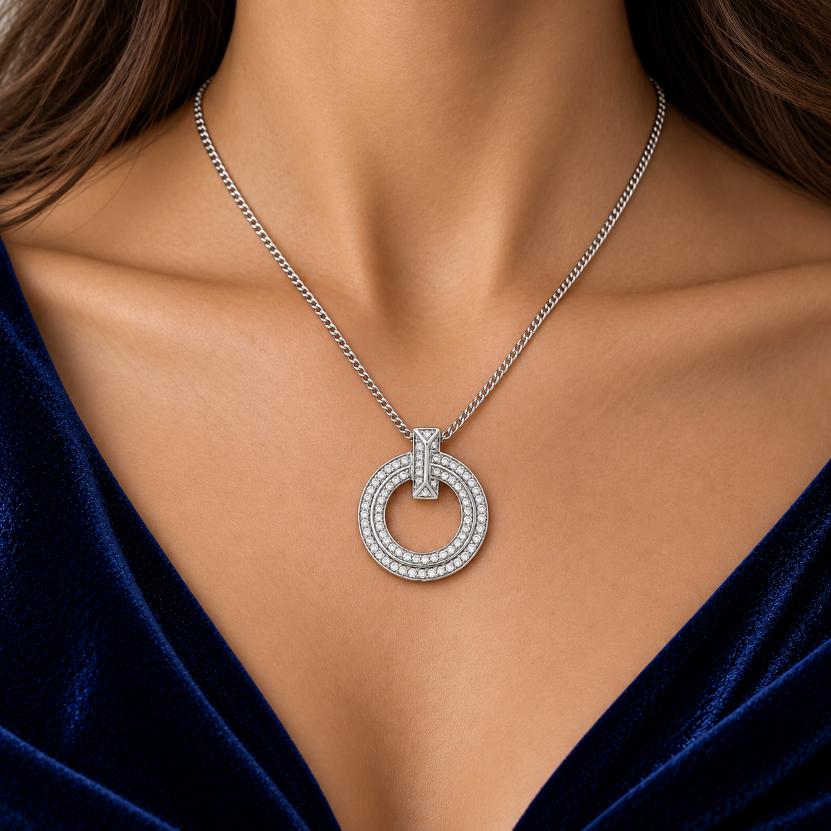 Diamond Double Circle Pendant Necklace 18ct White Gold 18" /45cm 0.71ctw Diamond