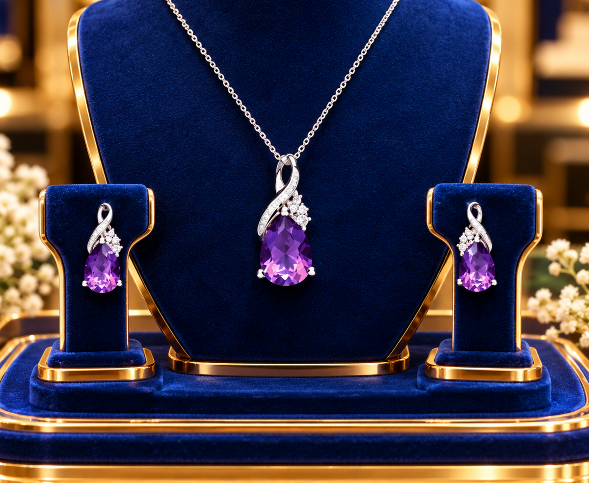 Real Amethyst and Diamond Pendant and Matching Earrings Set Sterling Silver 925