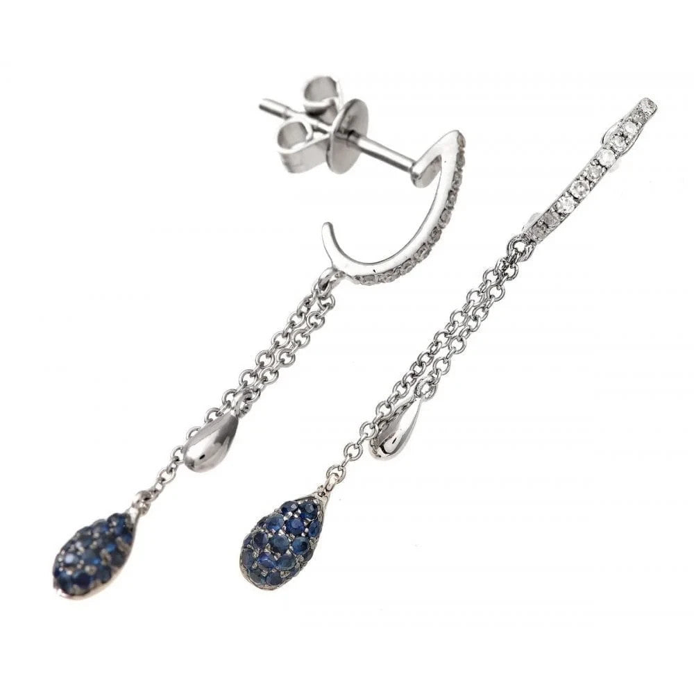 Natural Sapphire and Diamond Earrings Solid White Gold Long Drops Hallmarked