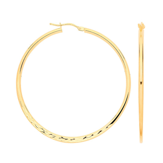 Yellow Gold Large Hoop Earrings Diamond Cut and Plain 40mm Hoops Hallmarked
