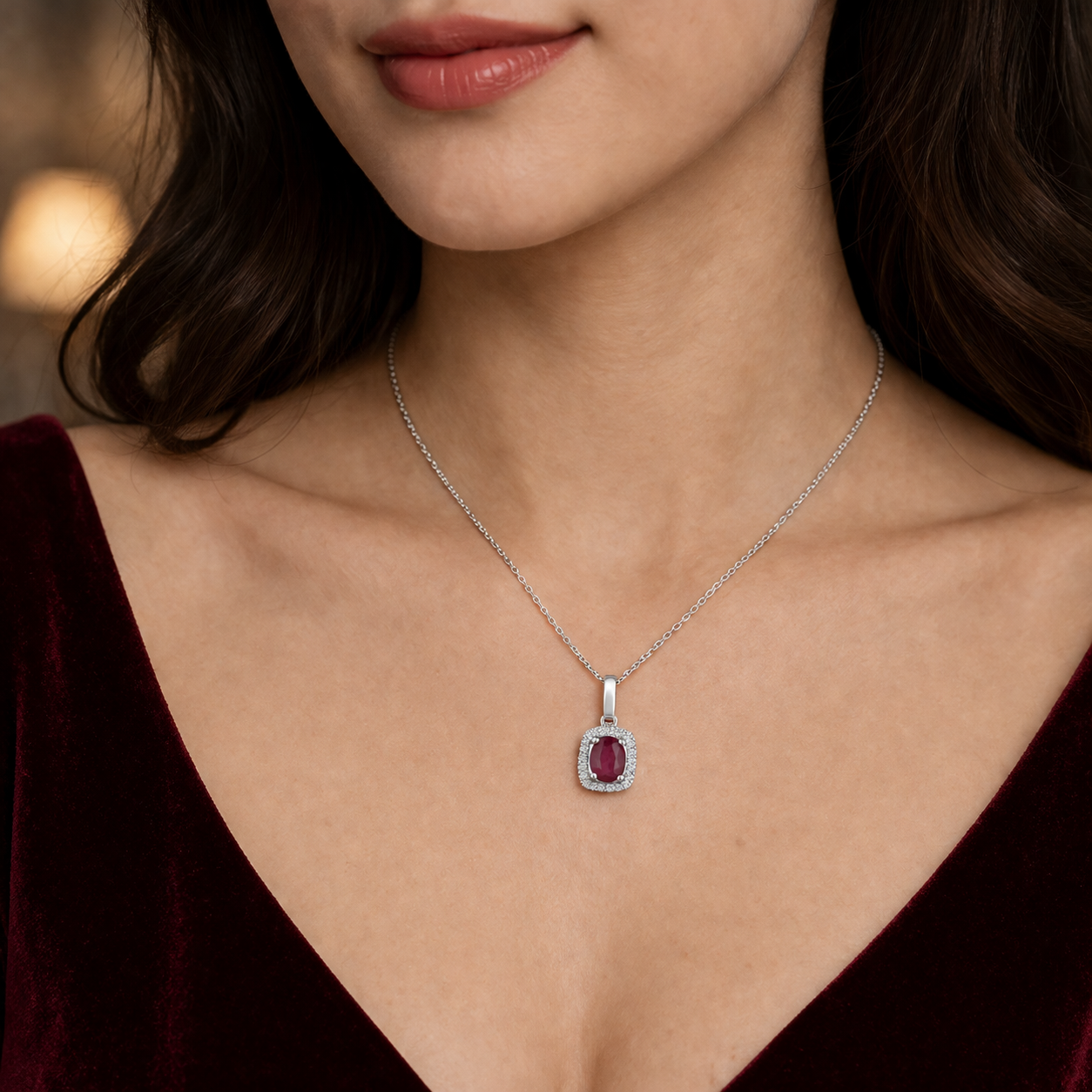 Ruby Oval Cluster Pendant With Diamonds 9ct White Gold 18" 46cm Length Chain