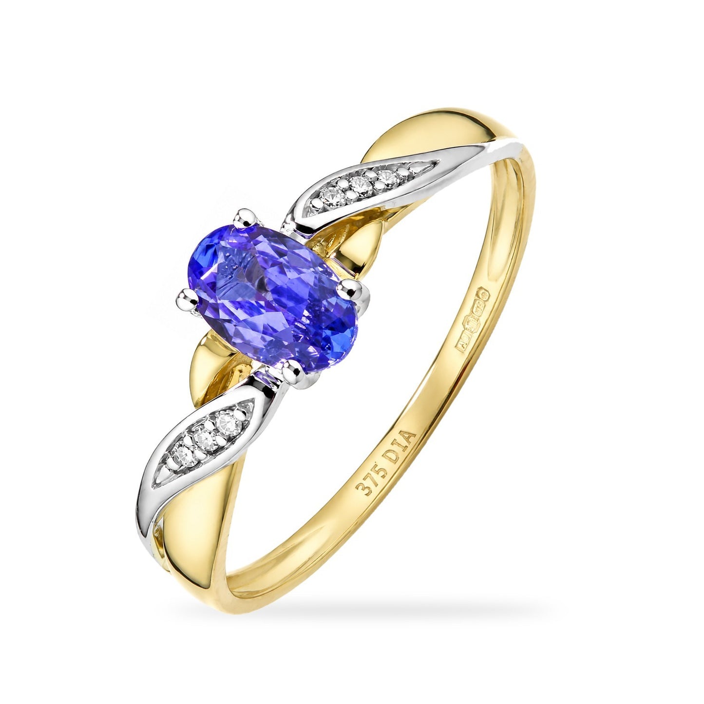 Tanzanite & Diamond Oval Gemstone Ring Two Tone Yellow & White Gold Hallmarked