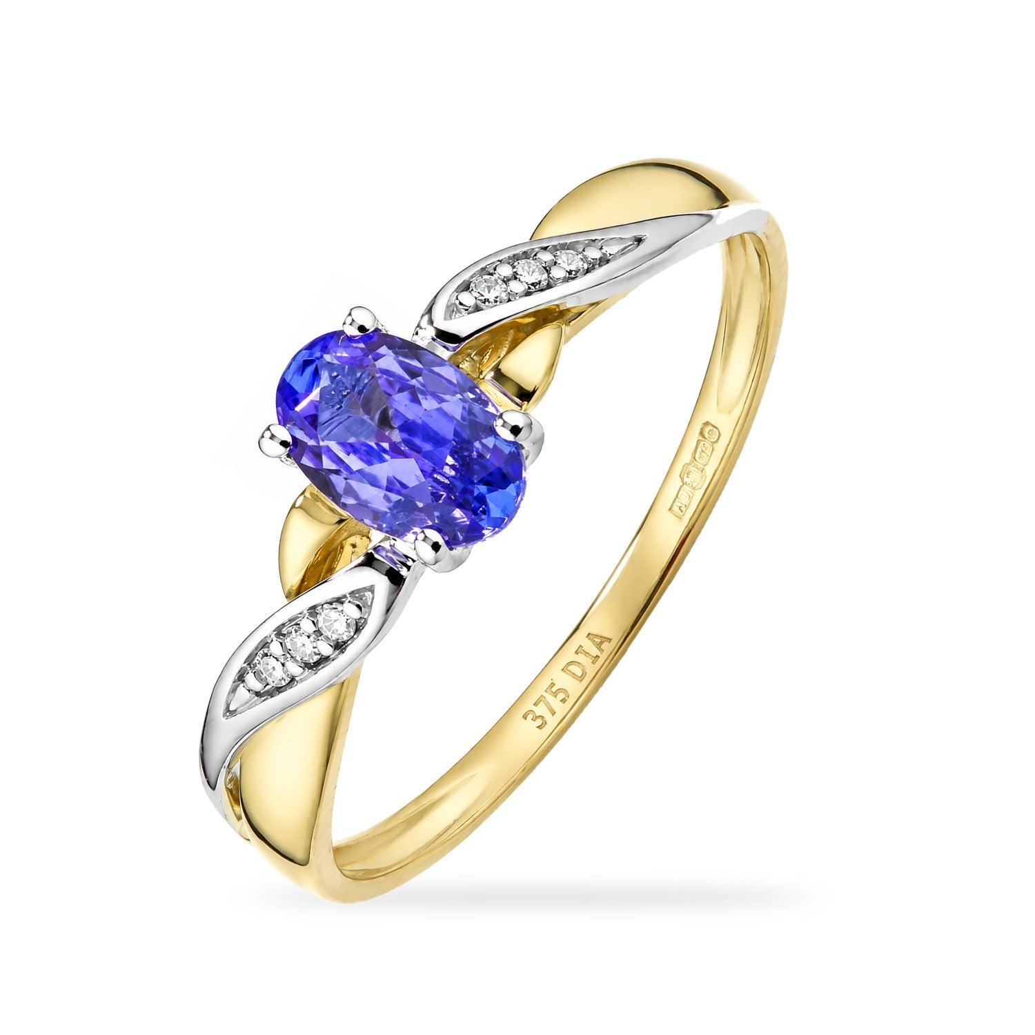 Tanzanite & Diamond Oval Gemstone Ring Two Tone Yellow & White Gold Hallmarked