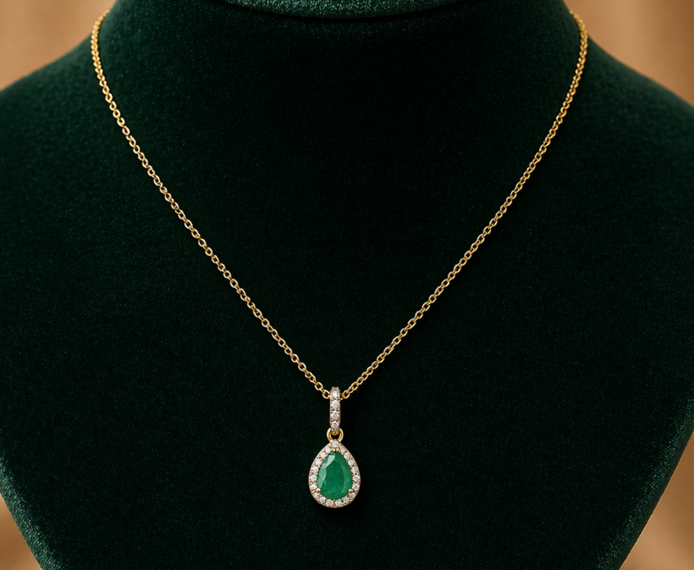 Emerald Pear Cluster Pendant With Diamond 18ct Yellow Gold 16" 41cm Length Chain