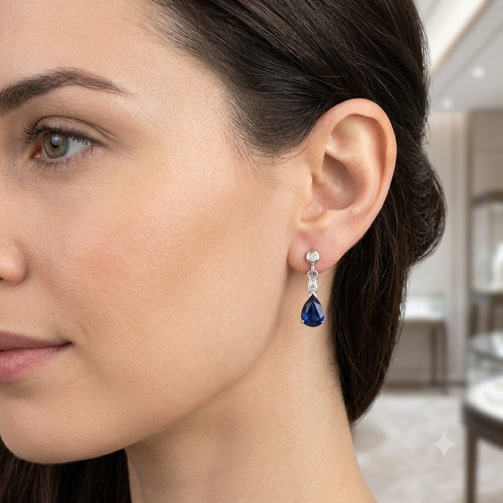 Real White Gold Sapphire & Diamond Drop Earrings Pear Cut Gemstone Dangle Studs