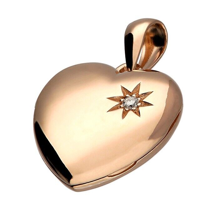 Sterling Silver Diamond Heart Locket 18ct Rose Gold with Off-Set Star 18" Chain