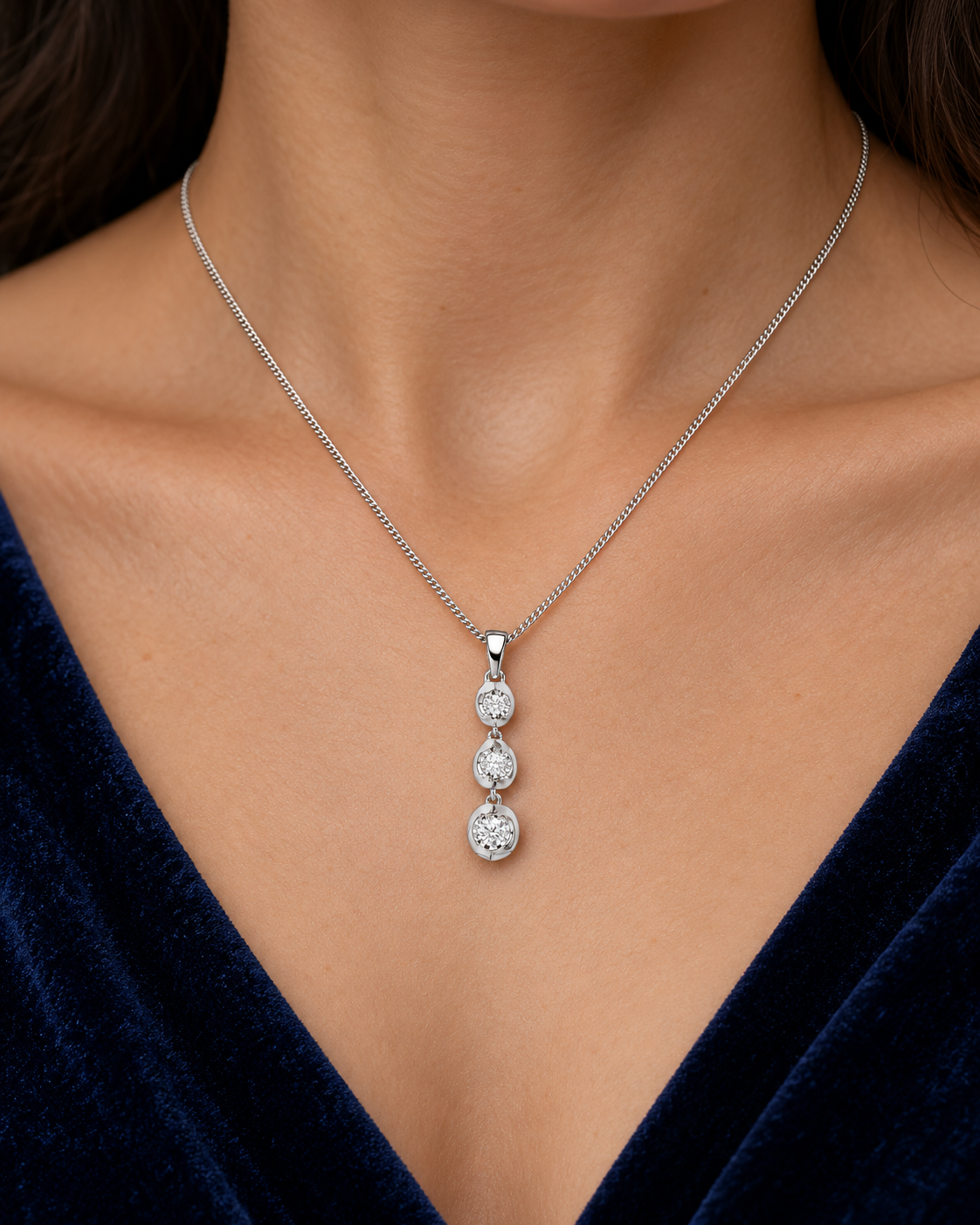 Diamond Three Stone Pendant 9ct White Gold Trilogy 18" Chain Genuine Diamonds