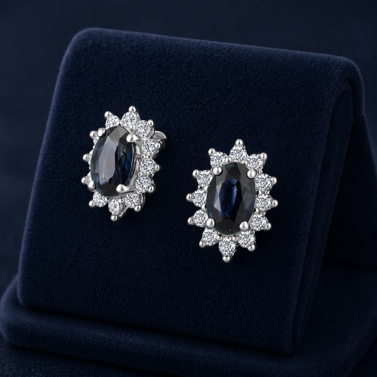 Natural Sapphire and Diamond Stud Oval Cluster Earrings 9ct Yellow Gold