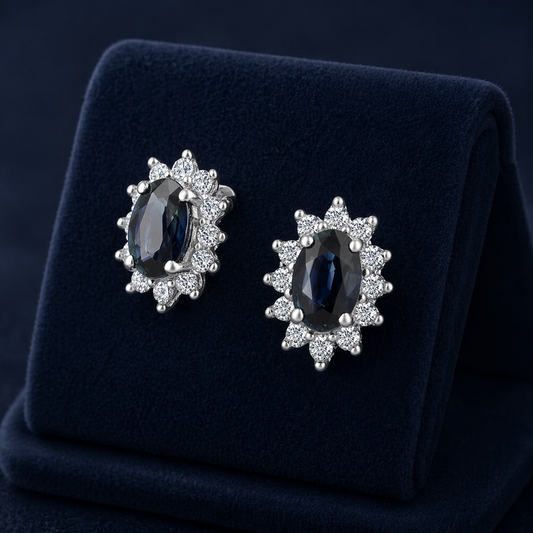 Natural Sapphire and Diamond Stud Oval Cluster Earrings 9ct Yellow Gold