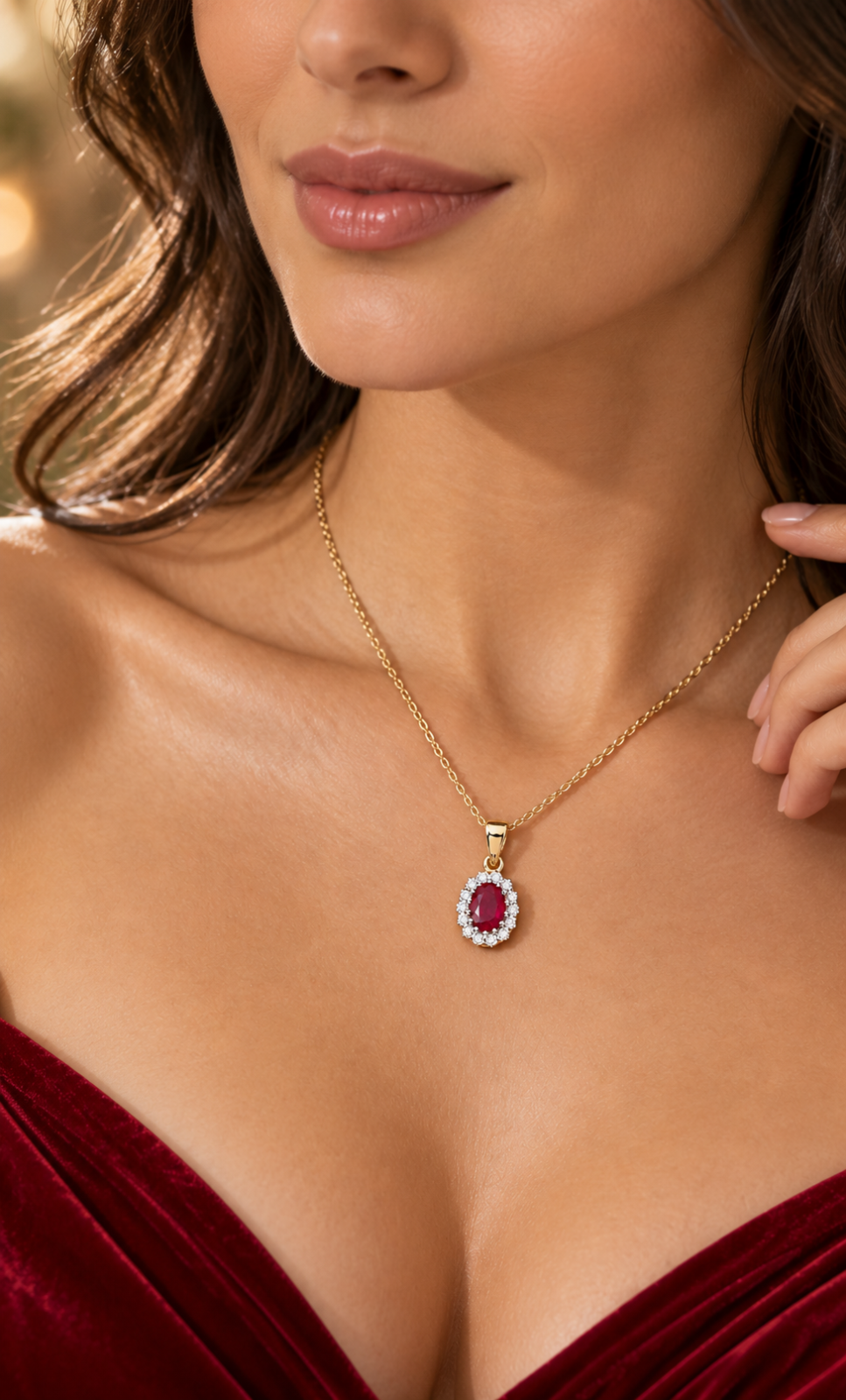 Real Ruby Oval Pendant With Natural Diamonds Yellow Gold 18" Chain