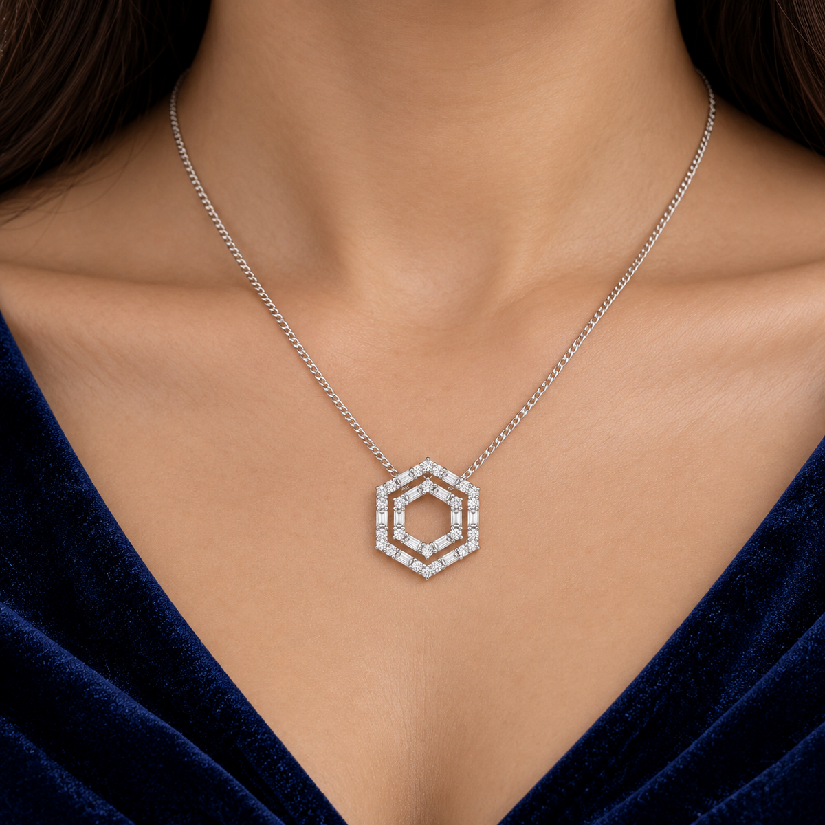 Real Diamond Hexagonal Pendant 18ct White Gold 18" Chain 0.56ctw Mined Diamonds