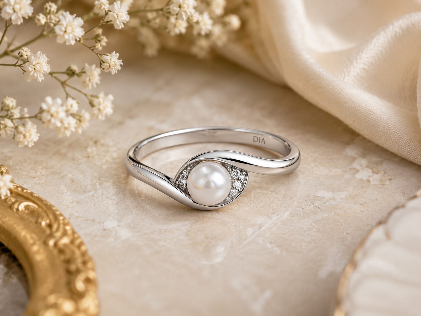 White Gold Freshwater Pearl & Diamond Accent Swirl Ring for Women