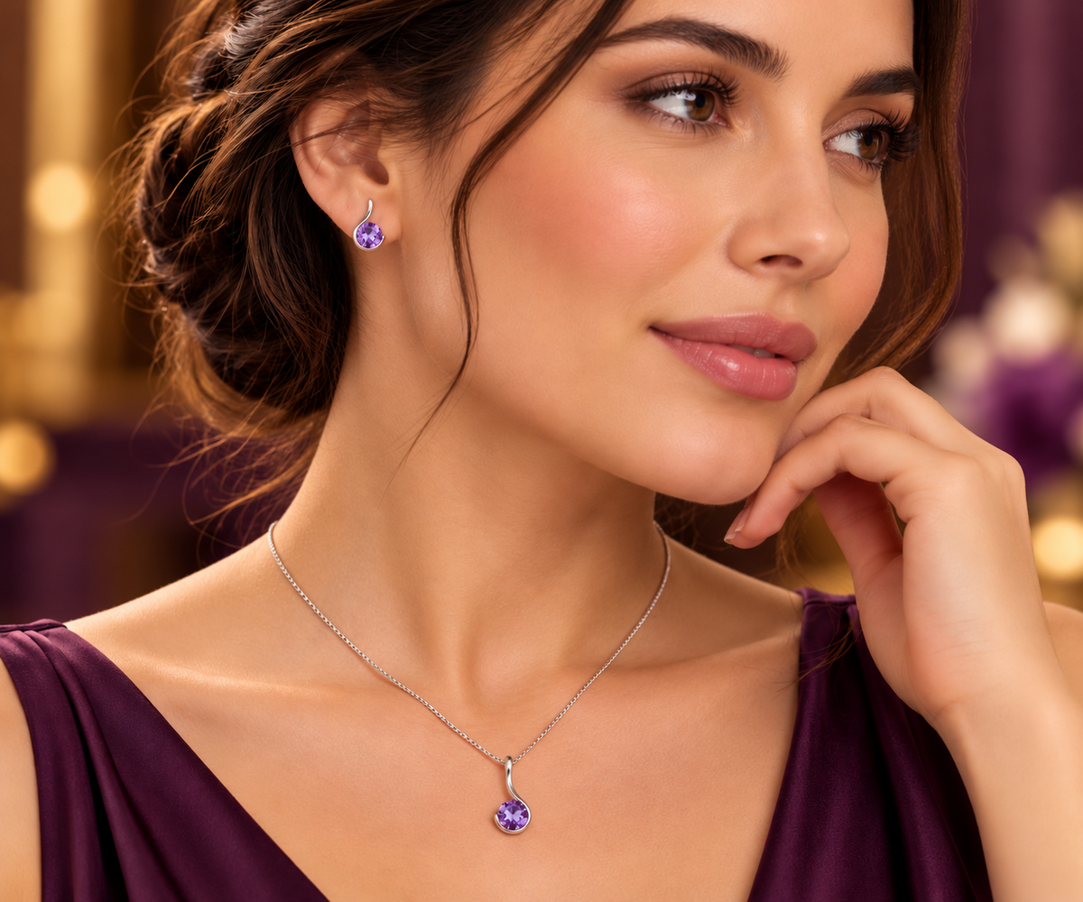 Real Amethyst Solitaire Set Matching Pendant and Earrings 925 Sterling Silver