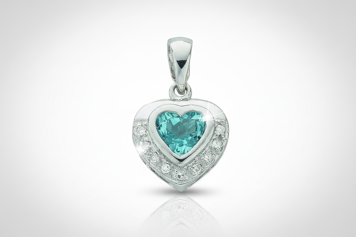Heart Pendant 9ct White Gold 0.04ct Diamond & 0.85ct Blue Topaz Diamond Pendant