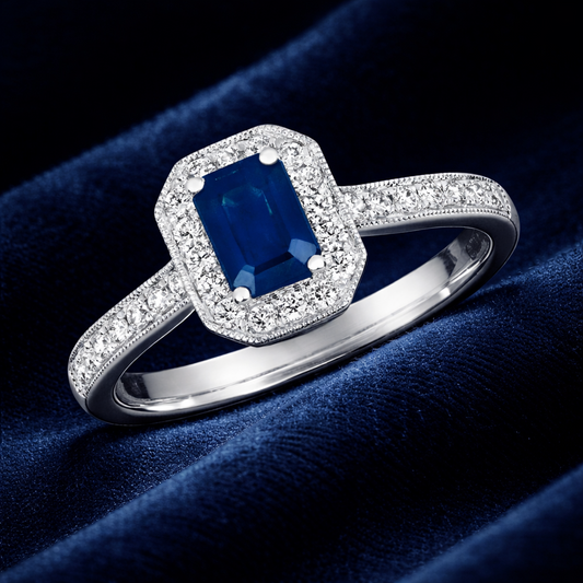 Sapphire and Diamond Ring 9ct White Gold Octagon Cluster Size J-Q Hallmarked