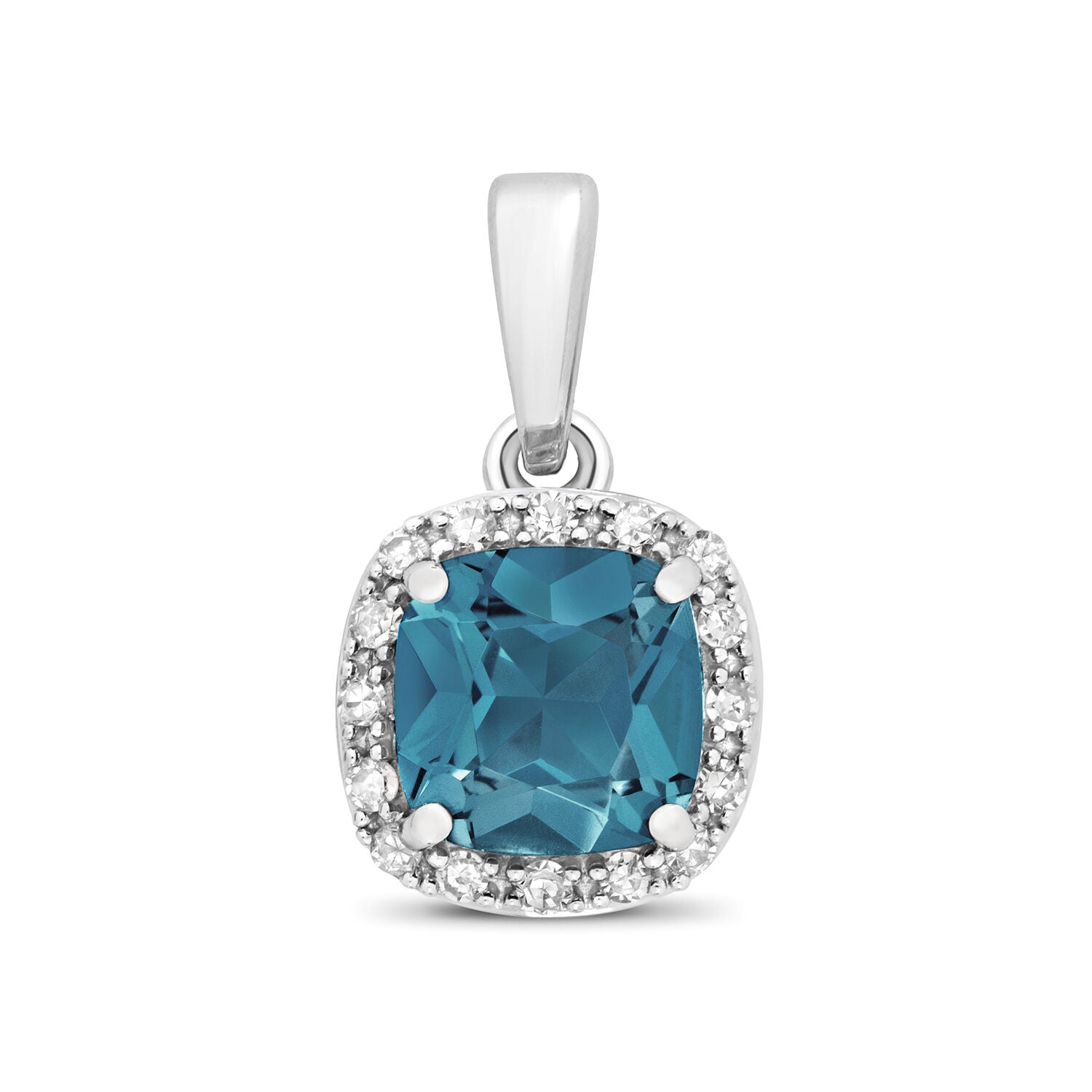 London Blue Topaz and Diamond Pendant 9ct White Gold Cushion Square Necklace