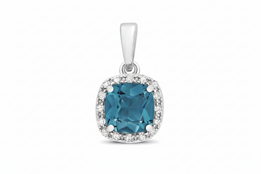 London Blue Topaz and Diamond Pendant 9ct White Gold Cushion Square Necklace