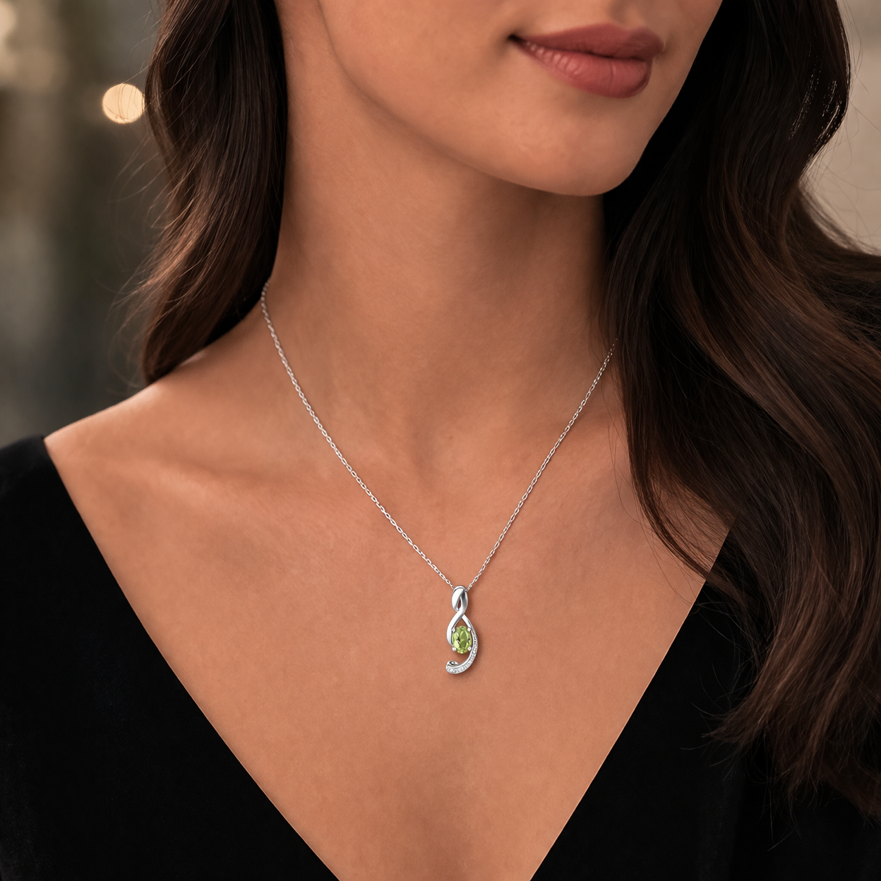 9ct White Gold Peridot Pendant With Diamond Infinity 18" 46cm Length Chain
