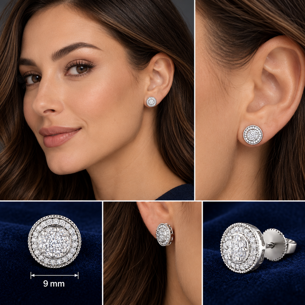 Real Diamond Stud Earrings 9mm Round 18ct White Gold 0.50ctw Mined Diamonds