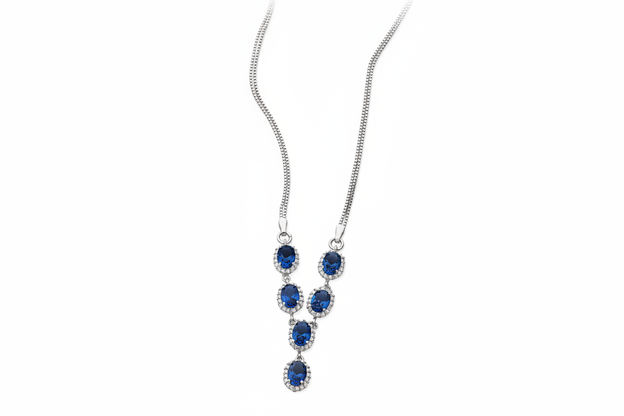 Sapphire Necklace Solid Sterling Silver 18" Length Hallmarked British Made