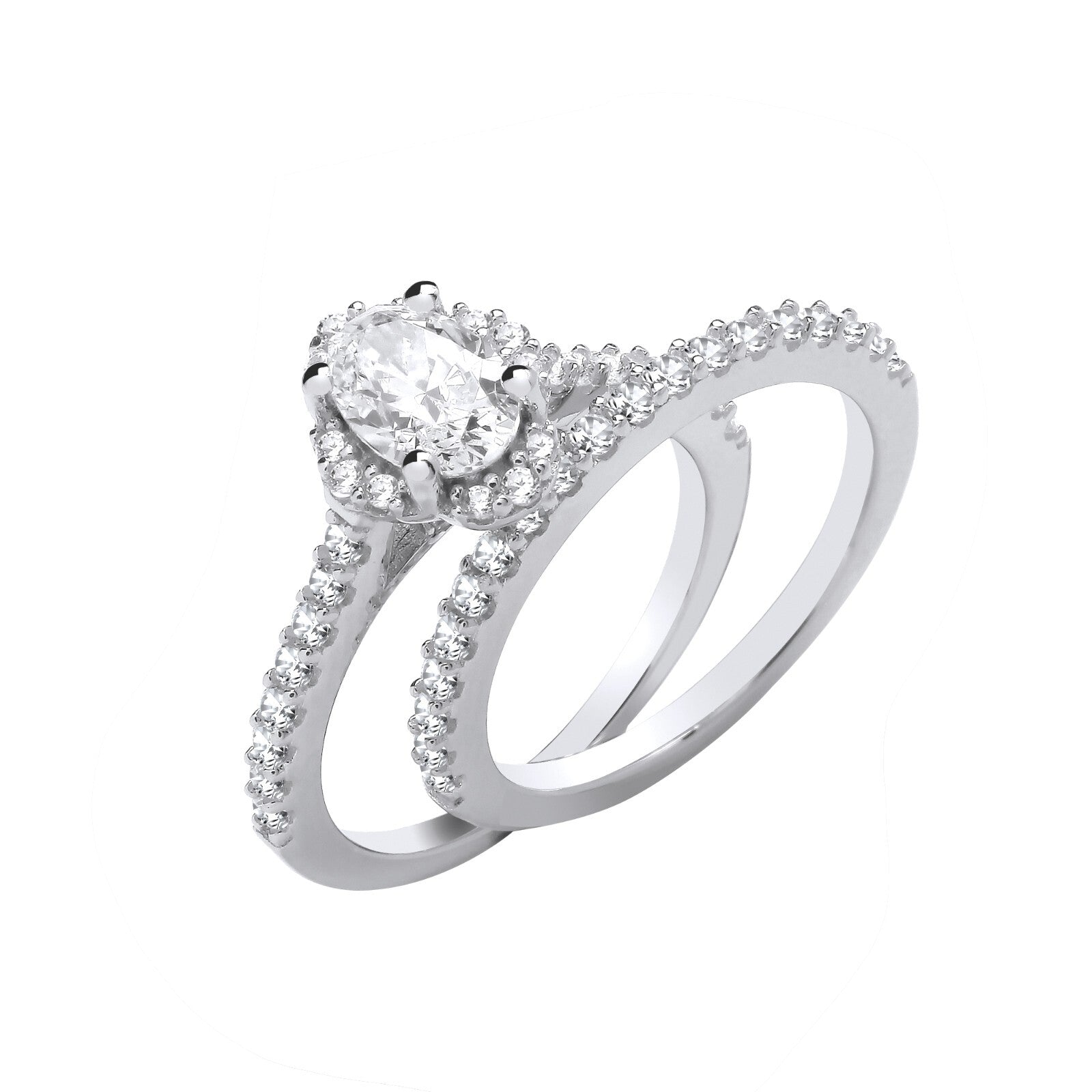 Sterling Silver Bridal Set Oval Engagement and Half Eternity Rings 925 Hallmark