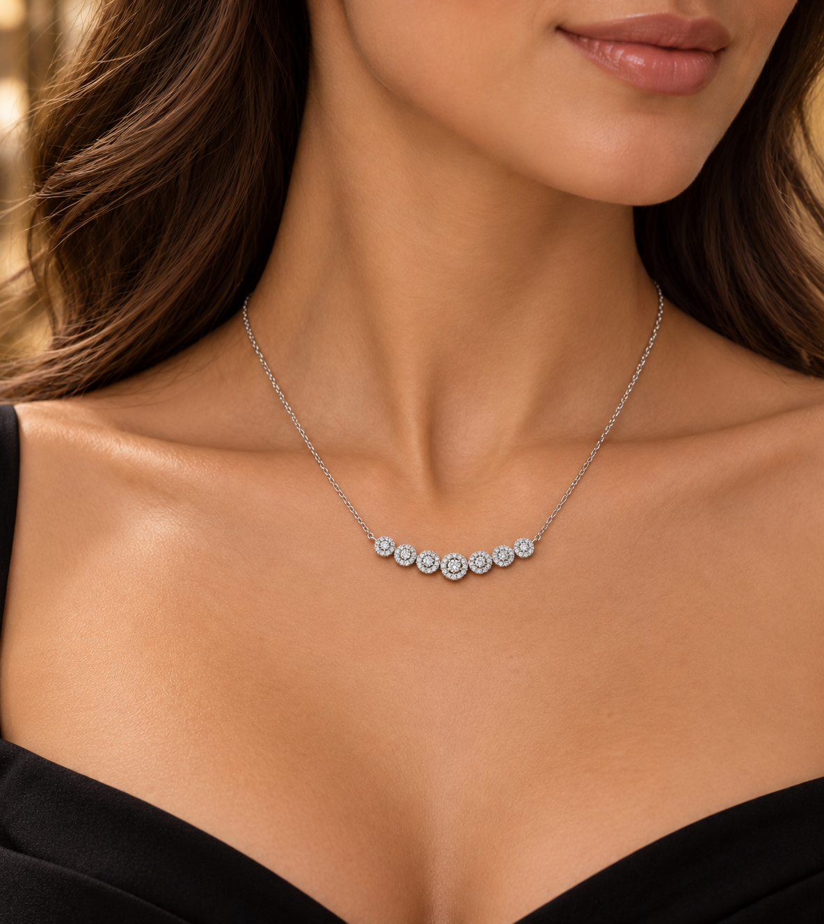 18ct White Gold Diamond Necklace 0.50ctw Halo Cluster Bar Design