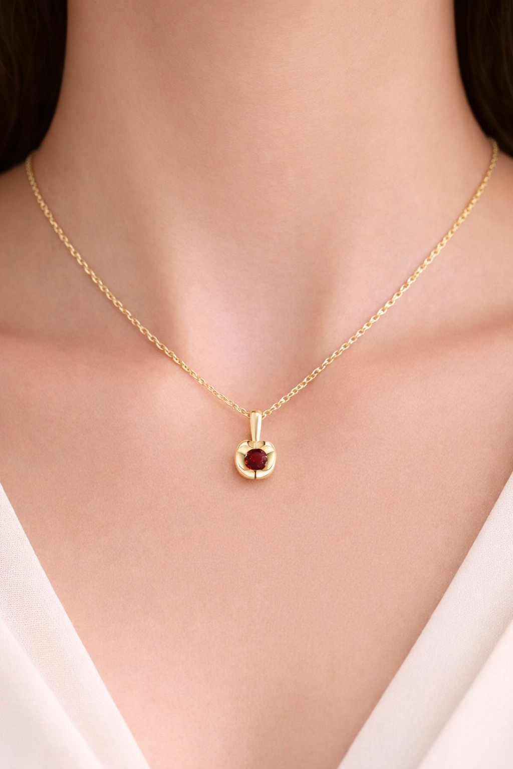 Natural Garnet Heart Necklace Solid Yellow Gold 18" 46cm Length Chain