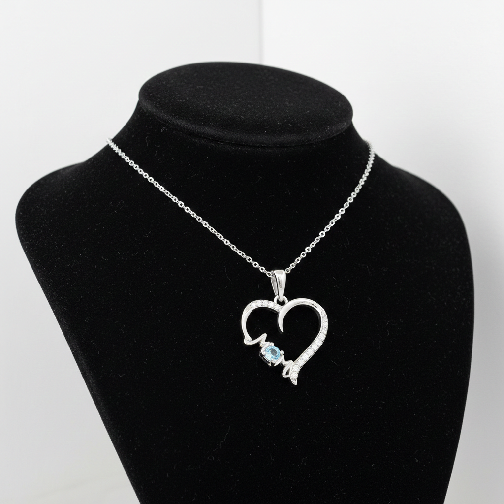 Aquamarine Mum Heart Pendant Solid Sterling Silver 925 Hallmark 18" Chain