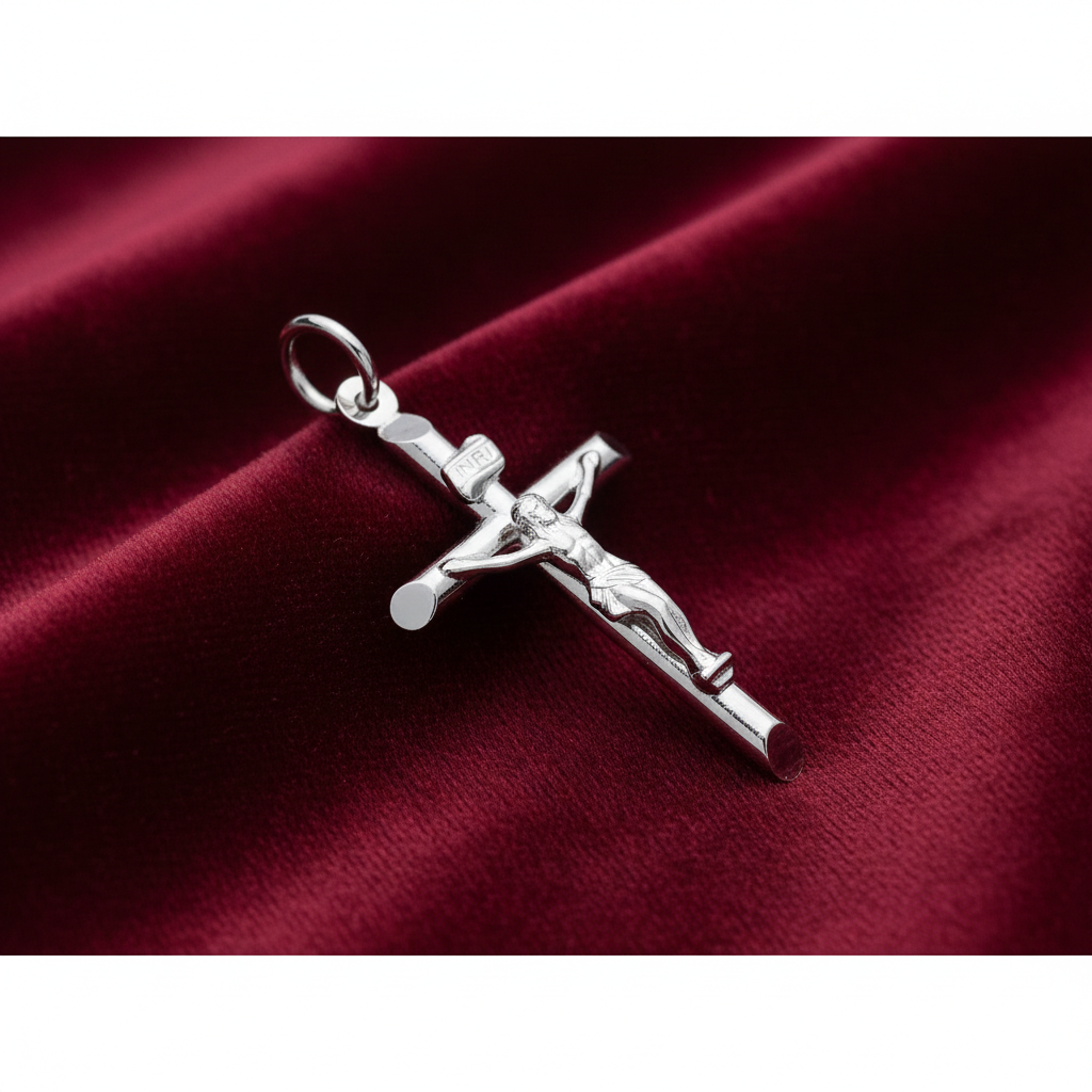 Sterling Silver Crucifix Pendant 925 Hallmark 40mm Rhodium Finish